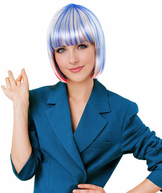Patriotic Womens Bob Wig | National Pride White Red Blue Wig | Premium Breathable Capless Cap