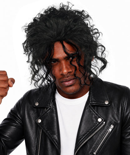 Men's Black Pop Star Medium Curly Wig-Synthetic Hair with Natural Texture | Commonly Used in Cosplay, Stage Performances & Retro Theme Parties