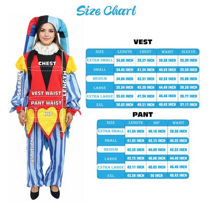 HPO Women's Harlequin Jester Costume | Multi-Pattern Ronior and Uniform Fabric Construction with Horned Cap and Drawcord | Ideal for Halloween, Drag, Theater, and Themed Performance Events