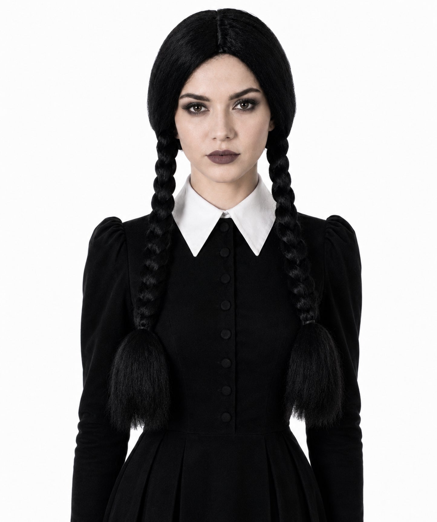 Women's Black Braided Pigtails Shoulder Length Trendy Wig, Best for Halloween, Flame-retardant Synthetic Fiber