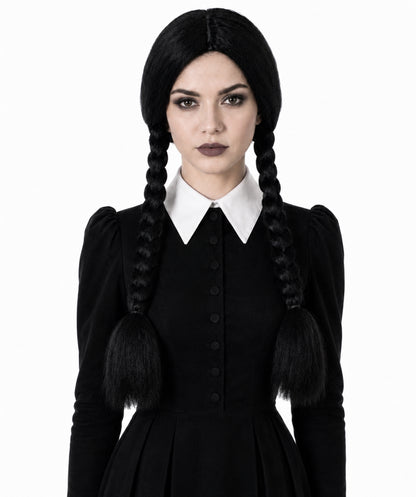 Women's Black Braided Pigtails Shoulder Length Trendy Wig, Best for Halloween, Flame-retardant Synthetic Fiber