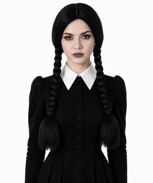 Women's Black Braided Pigtails Shoulder Length Trendy Wig, Best for Halloween, Flame-retardant Synthetic Fiber