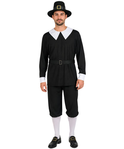 HPO Adult Men Pilgrim Costume Set - Top Pants White Socks Belt & Hat Outfit for Colonial Settler, Halloween & Cosplay
