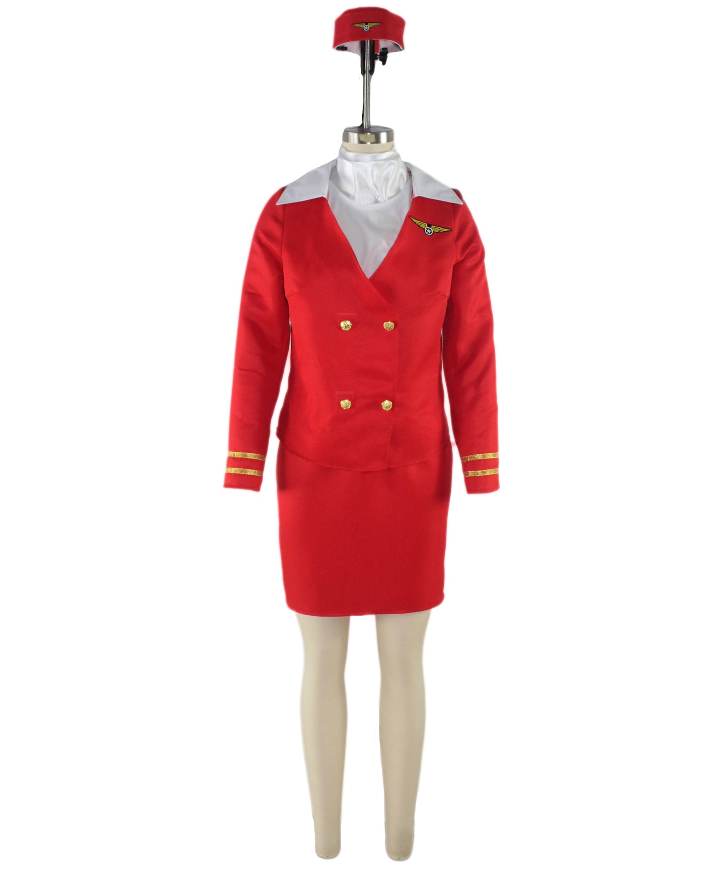 Women’s Air Hostess Costume – Elegant Navy Blue and Red Uniform Dress with Hat,Skirt, Jacket, Neck Collar | Flight Attendant Outfit for Halloween, Roleplay & Themed Events