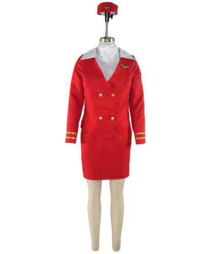 Women’s Air Hostess Costume – Elegant Navy Blue and Red Uniform Dress with Hat,Skirt, Jacket, Neck Collar | Flight Attendant Outfit for Halloween, Roleplay & Themed Events