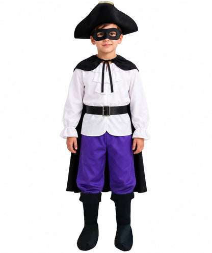 Teen Masked Highway Outlaw Costume | Black Cape, Hat & Purple Shorts Set | Storybook-Inspired Fancy Dress Outfit for Halloween, Cosplay & Theme Parties | HPO