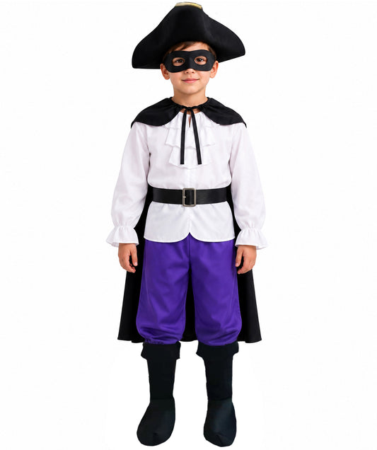 Teen Masked Highway Outlaw Costume | Black Cape, Hat & Purple Shorts Set | Storybook-Inspired Fancy Dress Outfit for Halloween, Cosplay & Theme Parties | HPO