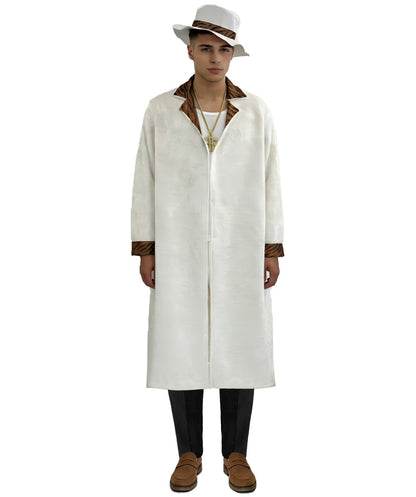 HPO Men's Vintage White Coat Set | Long white coat featuring contrasting brown lapels with a matching wide-brim hat | Ideal for party, Halloween, cosplay, theater, drag, performance, costume events