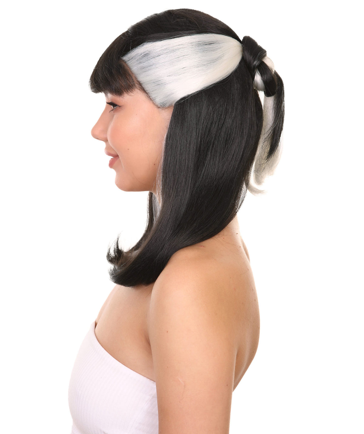 Narcissistic Witch | Half Up Black Hair with White Streaks | Premium Halloween Wig