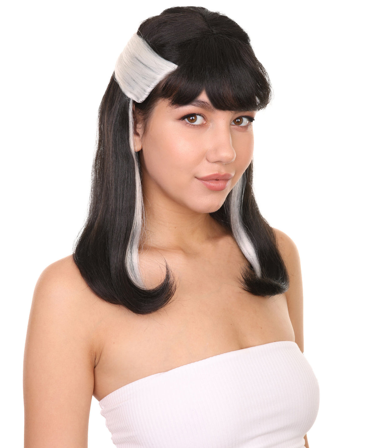 Narcissistic Witch | Half Up Black Hair with White Streaks | Premium Halloween Wig