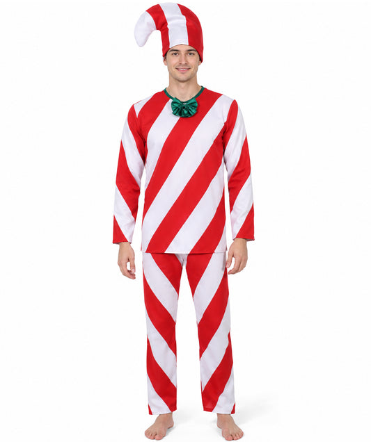 HPO Men's Celebration Red & White Candy Cane Costume Set | Suitable for Halloween | Flame-retardant Synthetic Fabric
