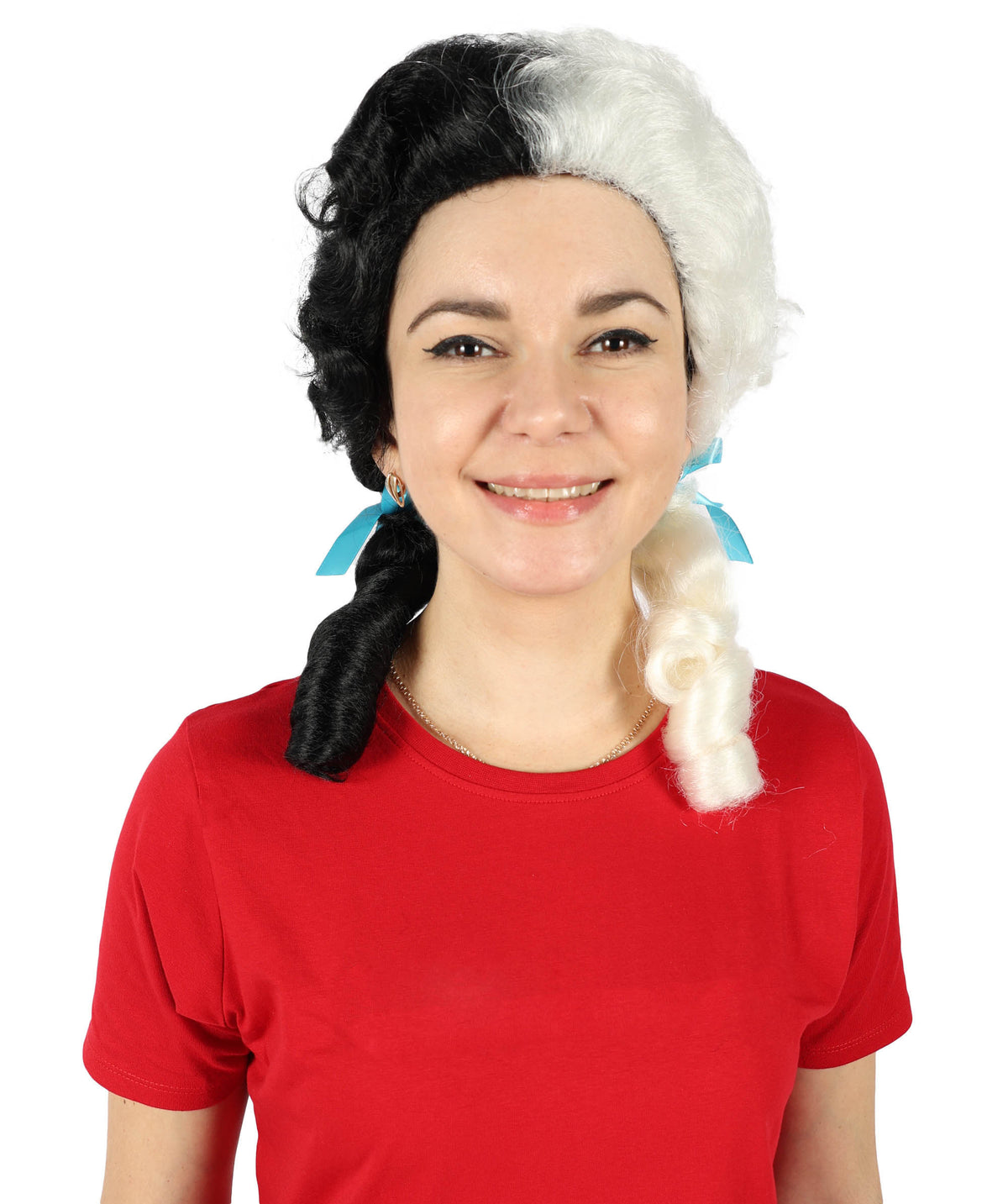 Women's Multicolor Vintage Curly Pigtail Wig with Front Curl Synthetic Hair- Curled Pigtail Hairstyle with Distinctive Front Curl Synthetic Fiber Hair & Two Blue Ribbons for Halloween Cosplay Parties