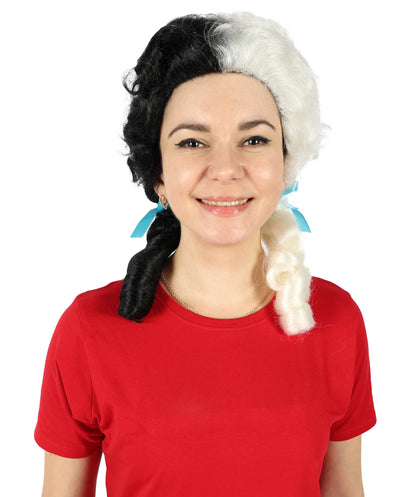 Women's Multicolor Vintage Curly Pigtail Wig with Front Curl Synthetic Hair- Curled Pigtail Hairstyle with Distinctive Front Curl Synthetic Fiber Hair & Two Blue Ribbons for Halloween Cosplay Parties