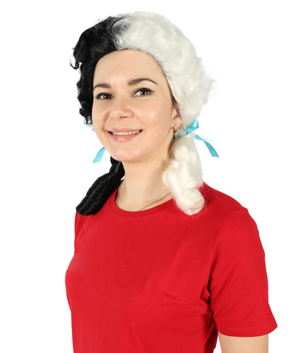 Women's Multicolor Vintage Curly Pigtail Wig with Front Curl Synthetic Hair- Curled Pigtail Hairstyle with Distinctive Front Curl Synthetic Fiber Hair & Two Blue Ribbons for Halloween Cosplay Parties