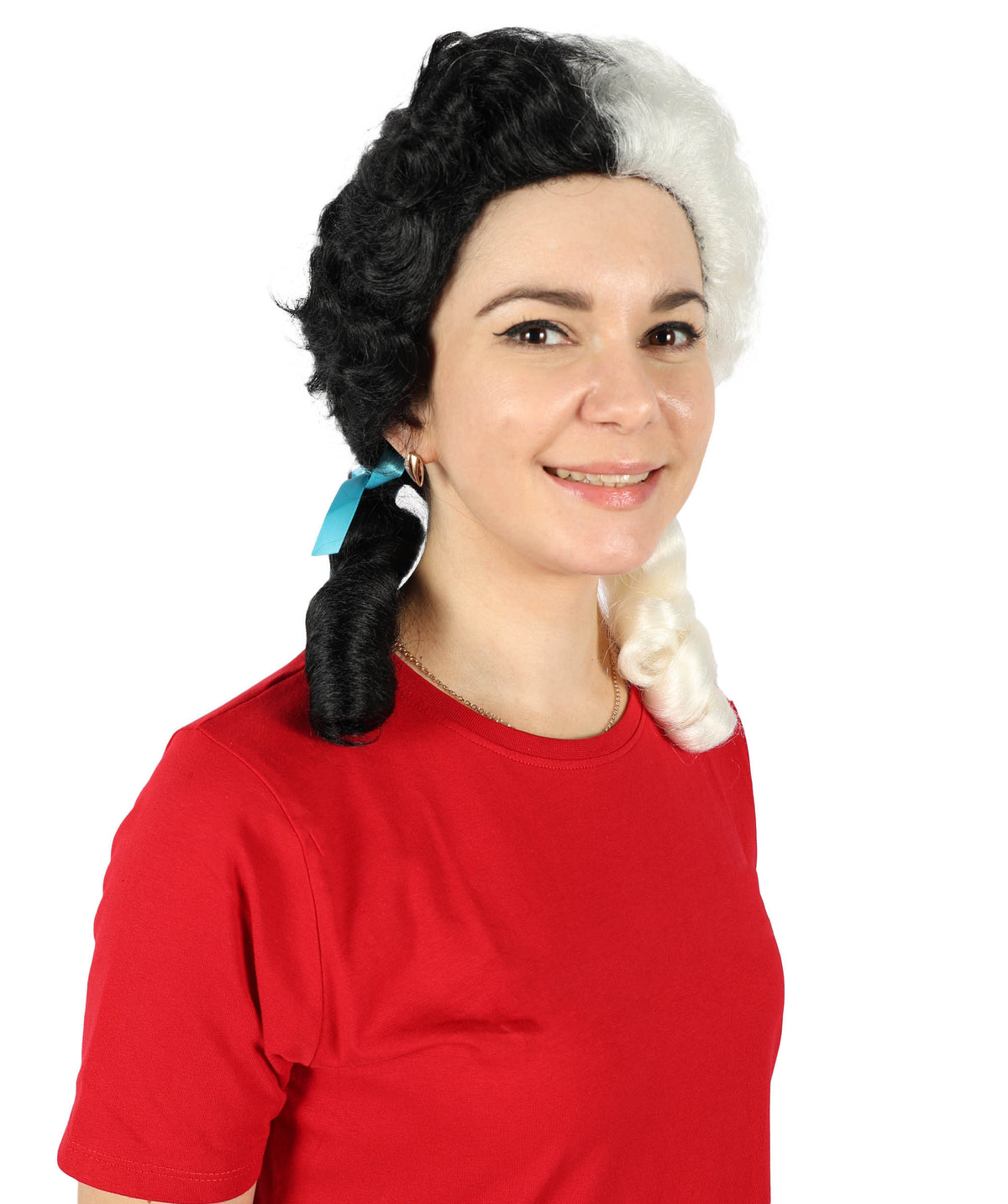 Women's Multicolor Vintage Curly Pigtail Wig with Front Curl Synthetic Hair- Curled Pigtail Hairstyle with Distinctive Front Curl Synthetic Fiber Hair & Two Blue Ribbons for Halloween Cosplay Parties