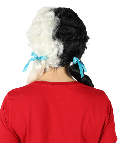 Women's Multicolor Vintage Curly Pigtail Wig with Front Curl Synthetic Hair- Curled Pigtail Hairstyle with Distinctive Front Curl Synthetic Fiber Hair & Two Blue Ribbons for Halloween Cosplay Parties