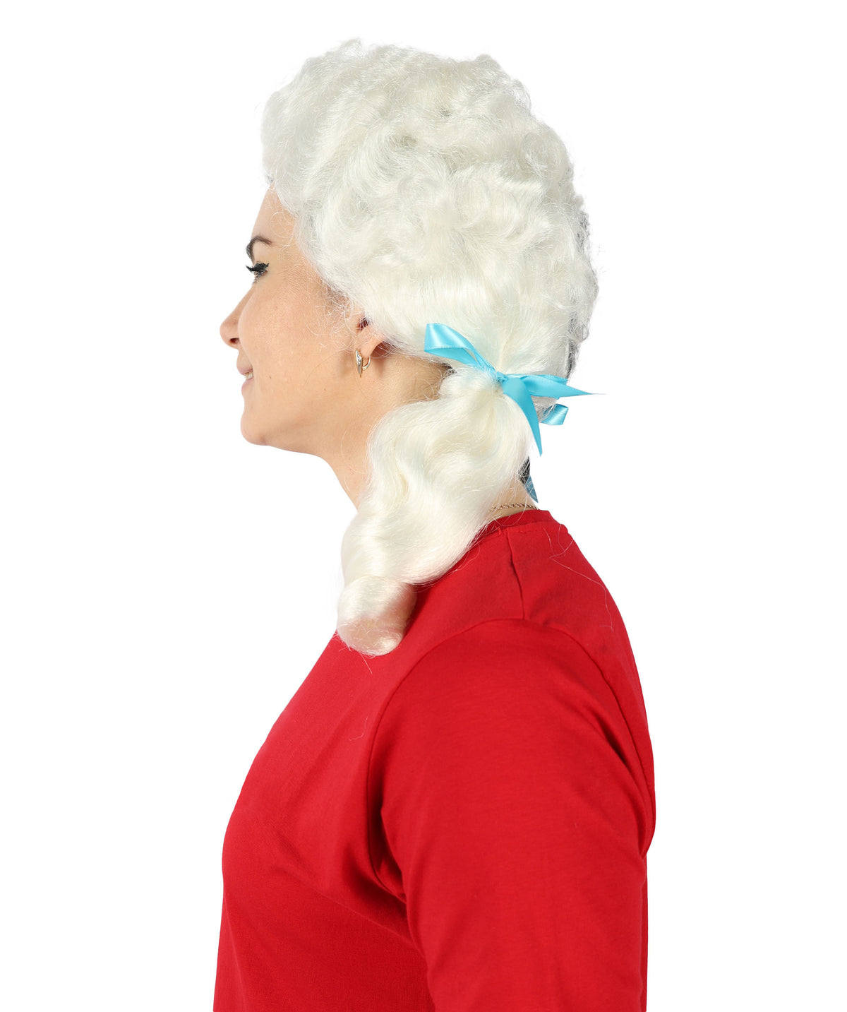 Women's Multicolor Vintage Curly Pigtail Wig with Front Curl Synthetic Hair- Curled Pigtail Hairstyle with Distinctive Front Curl Synthetic Fiber Hair & Two Blue Ribbons for Halloween Cosplay Parties