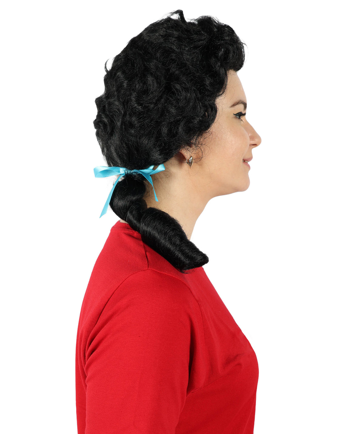 Women's Multicolor Vintage Curly Pigtail Wig with Front Curl Synthetic Hair- Curled Pigtail Hairstyle with Distinctive Front Curl Synthetic Fiber Hair & Two Blue Ribbons for Halloween Cosplay Parties