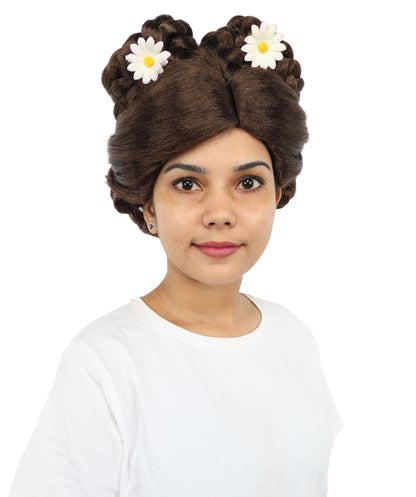 HPO Adult Women’s Elegant Brown Updo Wig | 12” Flame-Resistant Synthetic Hairpiece | Lightweight Capless Design for Halloween and Cosplay