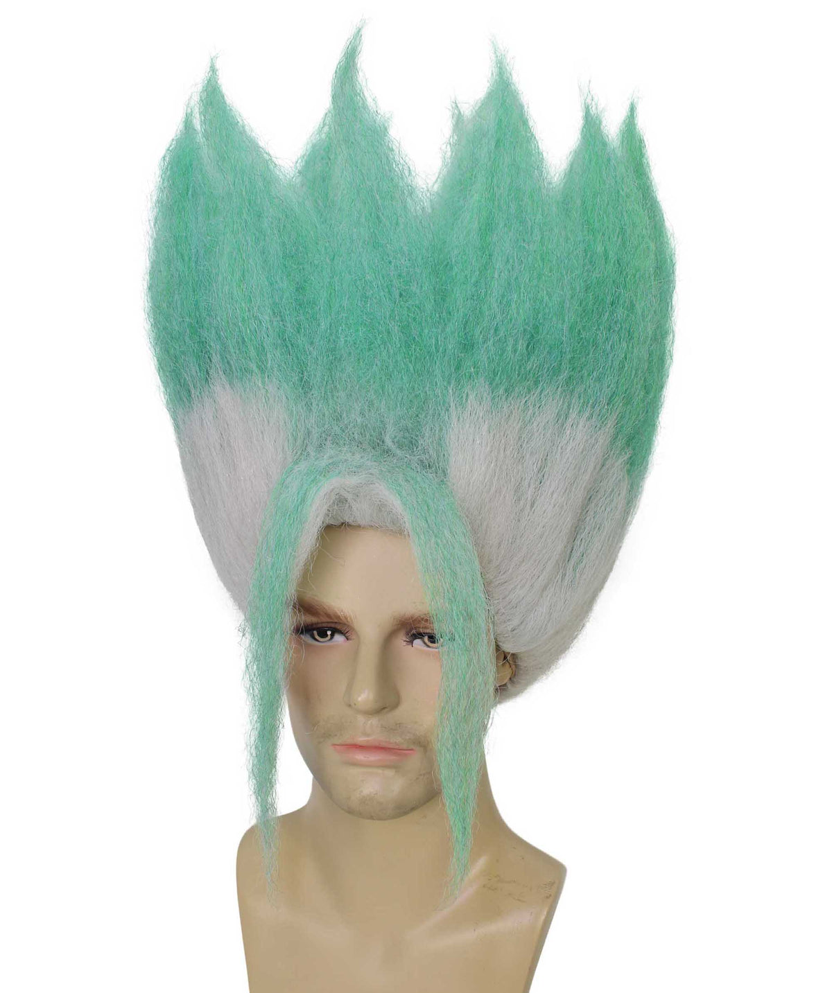 HPO Women's Spiky Anime Wig with Tall Upright Layers & Long Front Strands - White & Sea Green Spiky Wig with Long Front Strands Synthetic Fiber and Breathable Capless Cap for Halloween Cosplay Events
