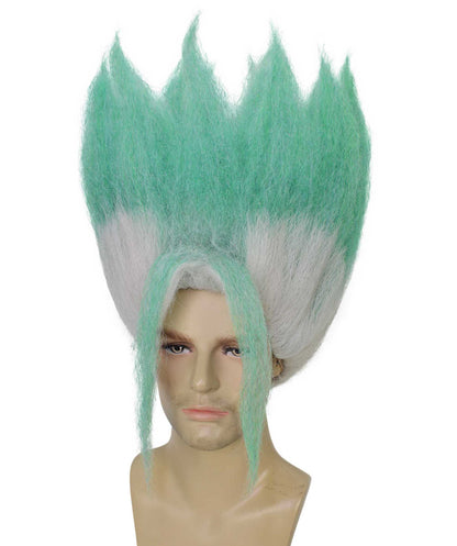 HPO Women's Spiky Anime Wig with Tall Upright Layers & Long Front Strands - White & Sea Green Spiky Wig with Long Front Strands Synthetic Fiber and Breathable Capless Cap for Halloween Cosplay Events
