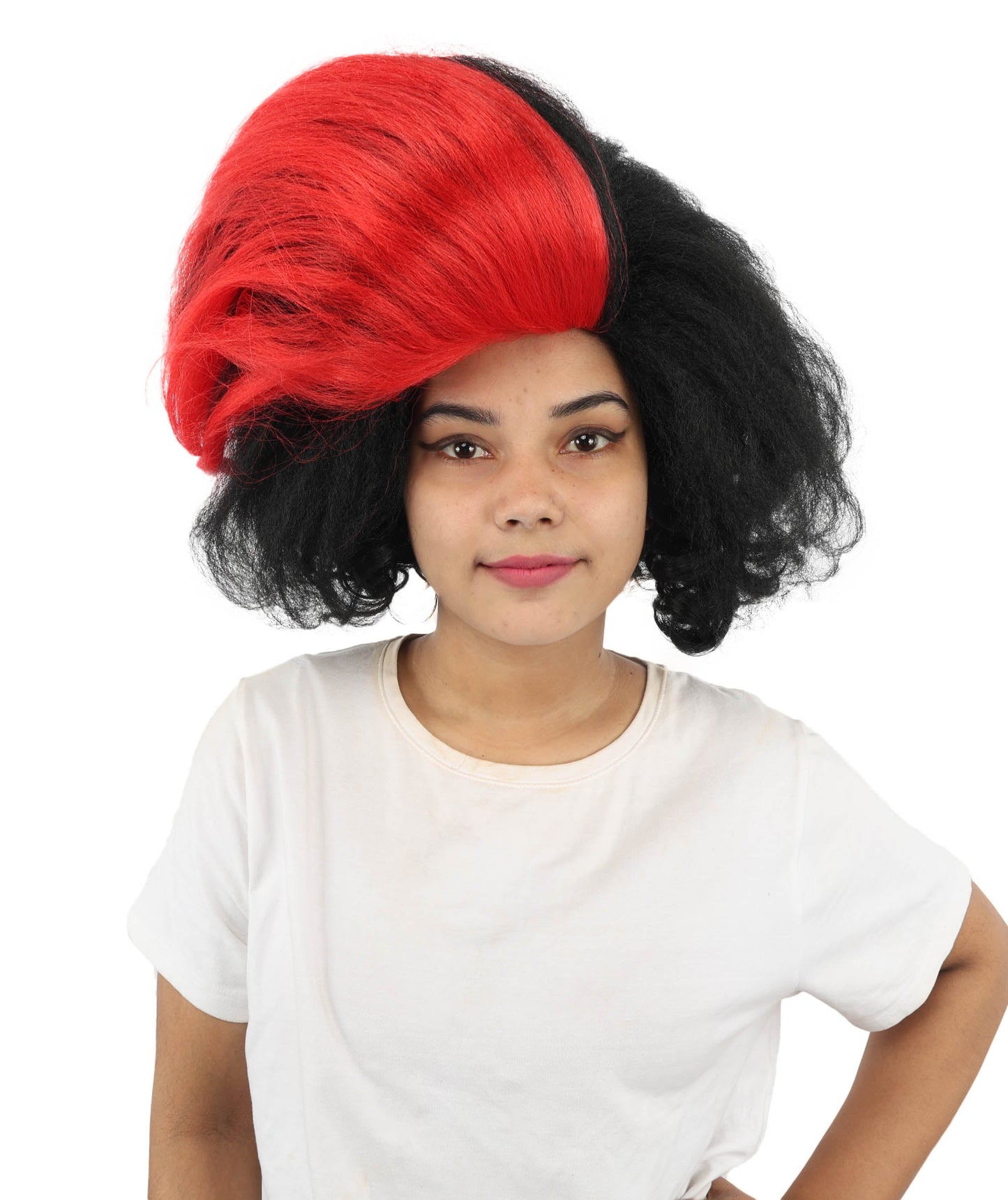 Adult Women’s Long Curly Black & Red Retro Wig | Flame-Retardant Costume Wig with Breathable Cap | Ideal for Halloween, Cosplay & Themed Events