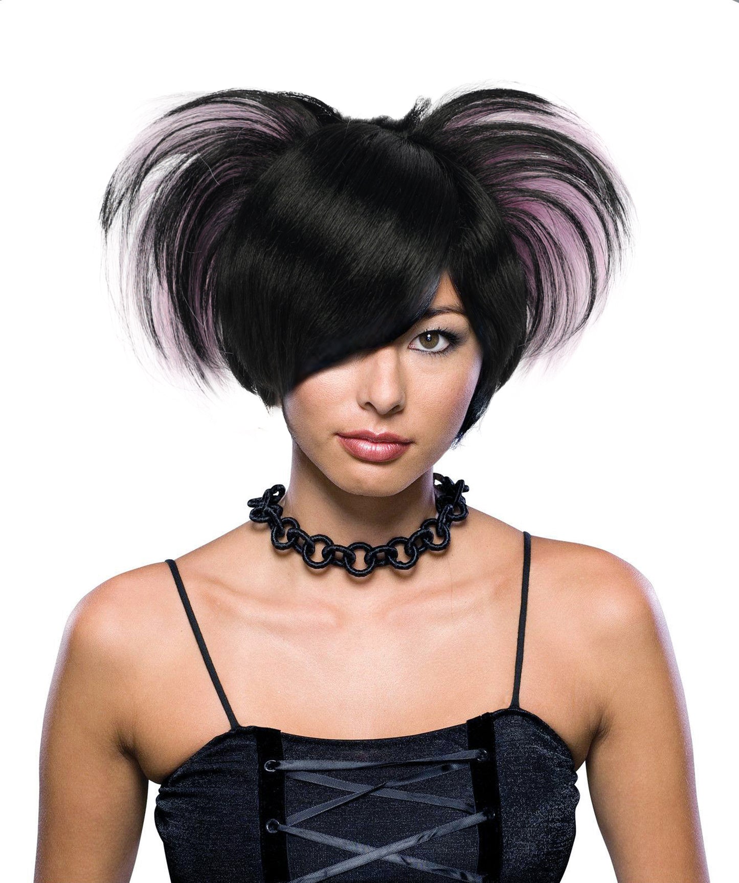 HPO Adult Women’s Emo Princess Wig – Black Wig with Purple Highlights, Messy Spiked Style | Gothic Punk Cosplay Wig with Capless Cap