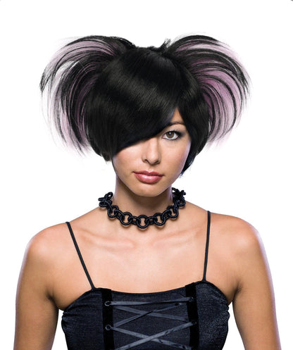 HPO Adult Women’s Emo Princess Wig – Black Wig with Purple Highlights, Messy Spiked Style | Gothic Punk Cosplay Wig with Capless Cap