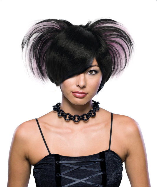 HPO Adult Women’s Emo Princess Wig – Black Wig with Purple Highlights, Messy Spiked Style | Gothic Punk Cosplay Wig with Capless Cap
