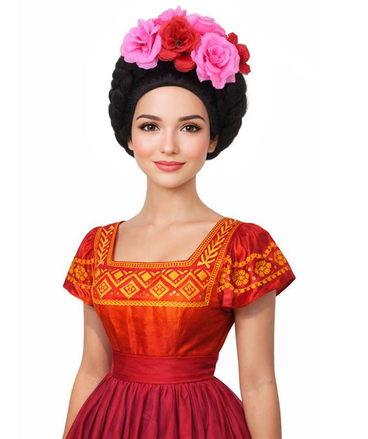 HPO  Women’s Mexican Artist Black / Pink Floral Braided Wig