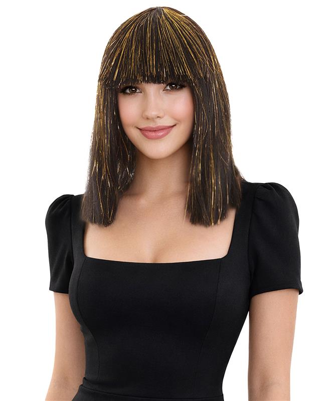 Cleopatra costume with Gold Bob Tinsel Wig Highlights | Halloween Rave Haircut