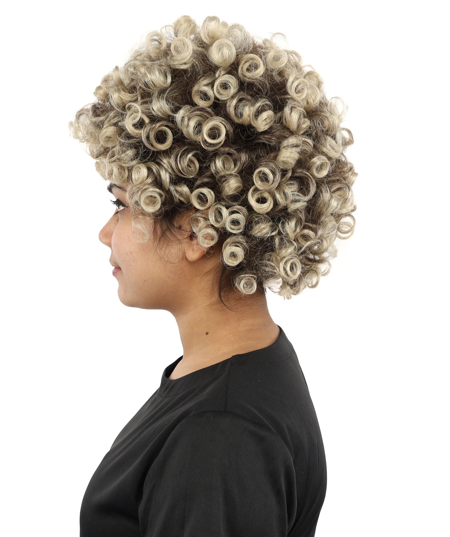 HPO Women's Pixie Cut Wig – Curly Brown with Blonde Highlights Long Hair with Natural Curls | Party Outfit for Cosplay, Halloween & Creative Character Styling
