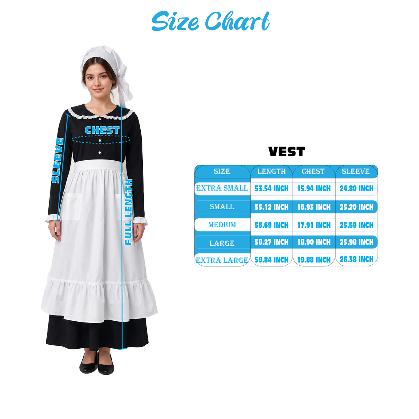 HPO Adult Women Pilgrim Costume Set - Apron Mop Cap Black White Dress for Colonial Maid Thanksgiving Halloween Party Outfit