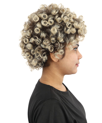HPO Women's Pixie Cut Wig – Curly Brown with Blonde Highlights Long Hair with Natural Curls | Party Outfit for Cosplay, Halloween & Creative Character Styling