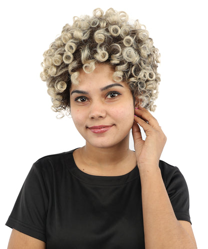 HPO Women's Pixie Cut Wig – Curly Brown with Blonde Highlights Long Hair with Natural Curls | Party Outfit for Cosplay, Halloween & Creative Character Styling