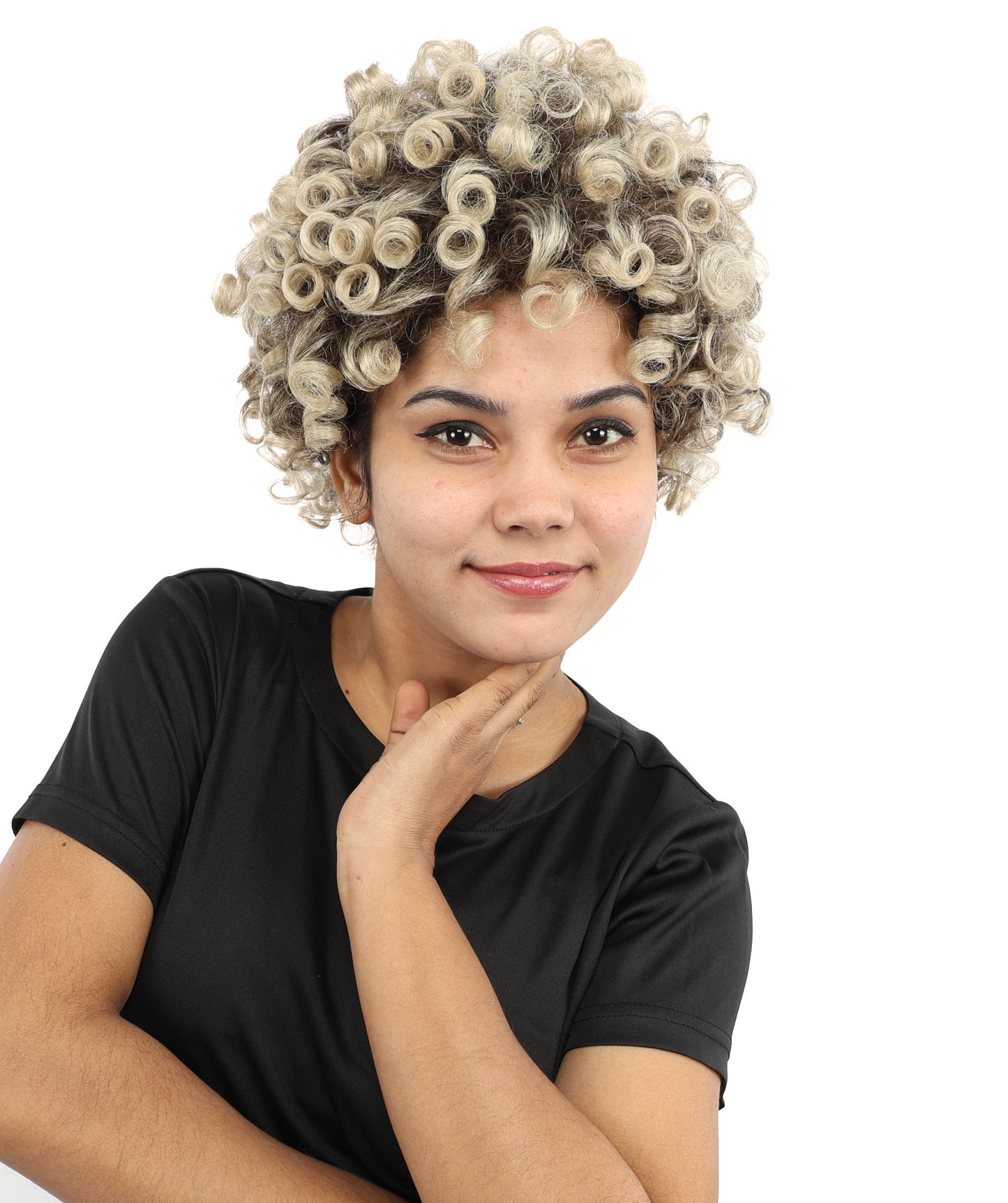 HPO Women's Pixie Cut Wig – Curly Brown with Blonde Highlights Long Hair with Natural Curls | Party Outfit for Cosplay, Halloween & Creative Character Styling