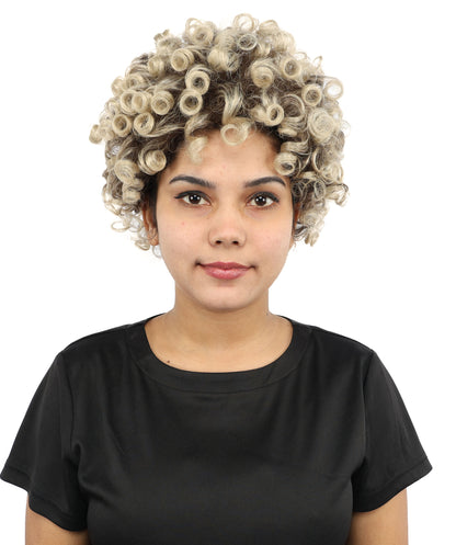 HPO Women's Pixie Cut Wig – Curly Brown with Blonde Highlights Long Hair with Natural Curls | Party Outfit for Cosplay, Halloween & Creative Character Styling