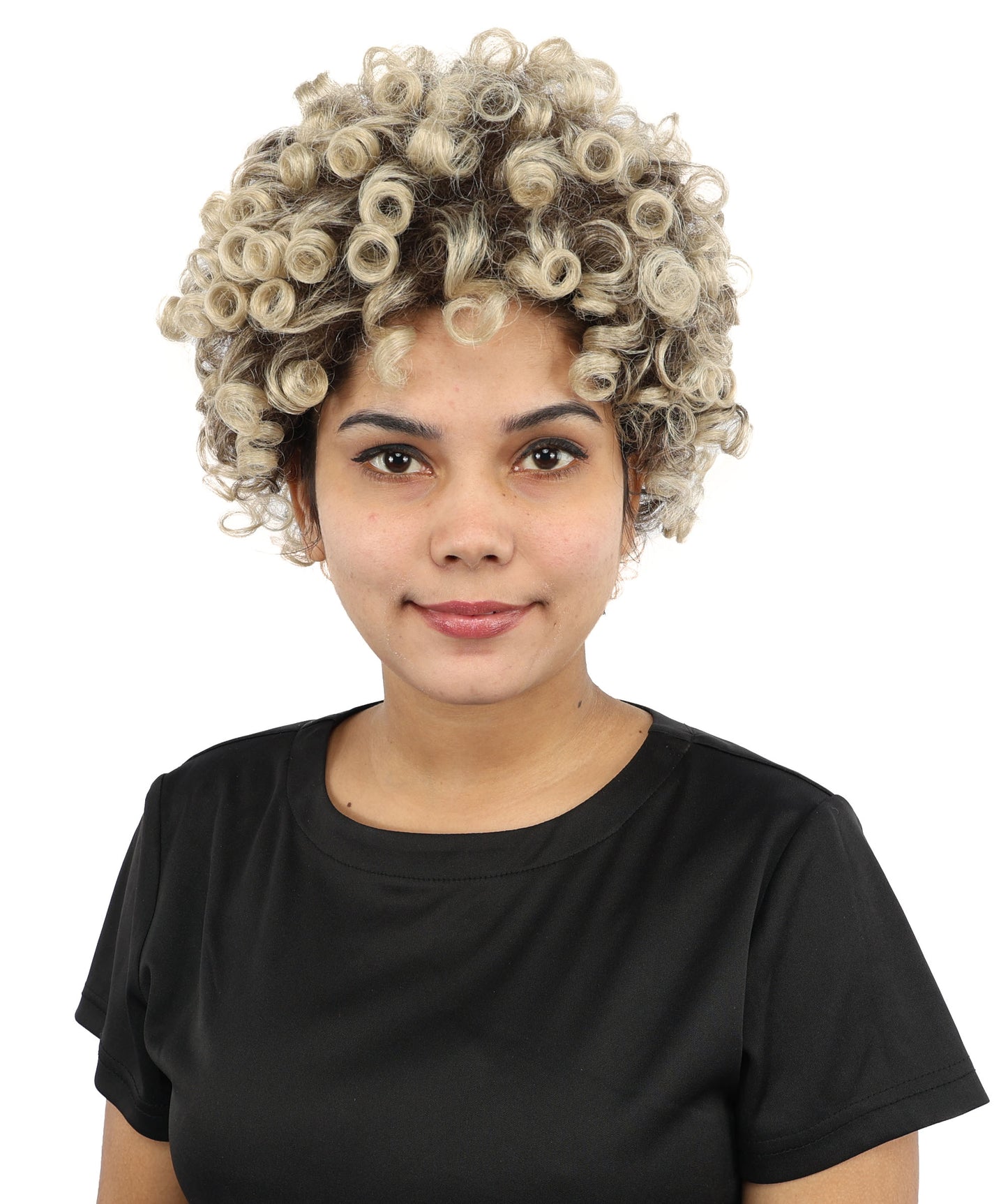 HPO Women's Pixie Cut Wig – Curly Brown with Blonde Highlights Long Hair with Natural Curls | Party Outfit for Cosplay, Halloween & Creative Character Styling