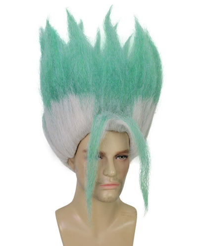 HPO Women's Spiky Anime Wig with Tall Upright Layers & Long Front Strands - White & Sea Green Spiky Wig with Long Front Strands Synthetic Fiber and Breathable Capless Cap for Halloween Cosplay Events