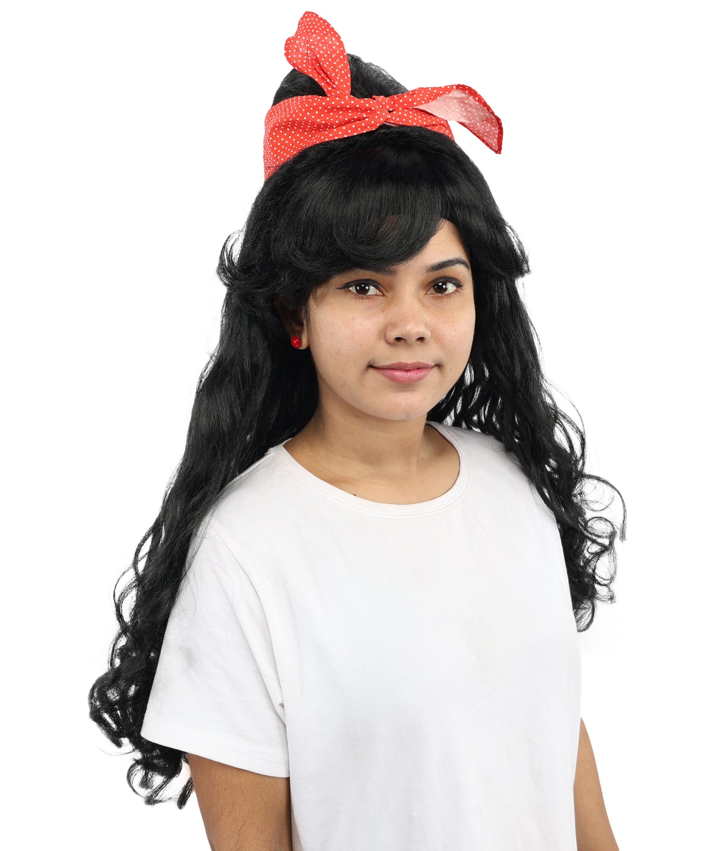 HPO Women’s Black Retro Beehive Wig with Red Bow | Extra Long Wavy Fancy Dress Accessory | Fancy Dress Accessory | Celebrity-Inspired Hair for Halloween, Cosplay & Music Tribute Parties
