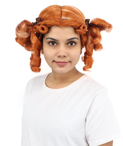 HPO Women's Golden White Mixed Curly Pigtail Wig | Messy Ringlet Twin Tails with Attached Fabric Ribbons, Synthetic Fiber & Breathable Cap | Halloween, Movie Character Roleplay, Costume Party & Theater