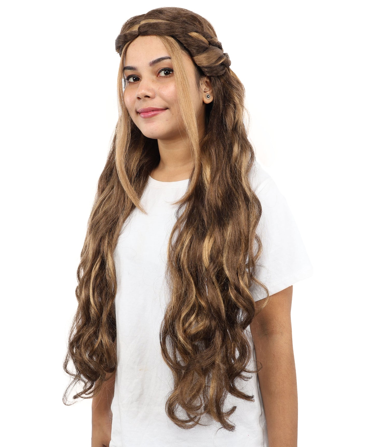 HPO Women's Brunette Braided Wig | Extra Long Synthetic Hairpiece with Adjustable Cap for Cosplay, Halloween, Parties, Stage & Roleplay