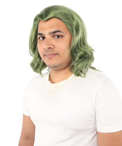 HPO Long Length Olive Green Cosplay Wig – Adult Styled Costume Wavy Hairpiece - Ideal for Halloween, Parties & Photo Shoots