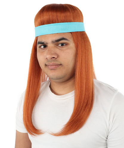 HPO Men's Long Auburn Wig with Headband | Straight Reddish Texture with Blunt Bangs & Included Teal Band, Heat Resistant Fiber | Halloween, Troll Roleplay, Fantasy Party, Carnival & Theater