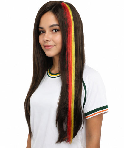 HPO Women's Spanish Clip-in Hair Extension | Sleek straight red and yellow synthetic fibers featuring a secure snap attachment | Ideal for party, Halloween, cosplay, theater, drag, performance, costume events