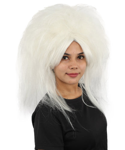 HPO Women's Wild Frizzy Wig | Pure white, created of flame-retardant synthetic fiber, massive teased volume, capless base | Drag, Halloween, theatrical performance, costume events