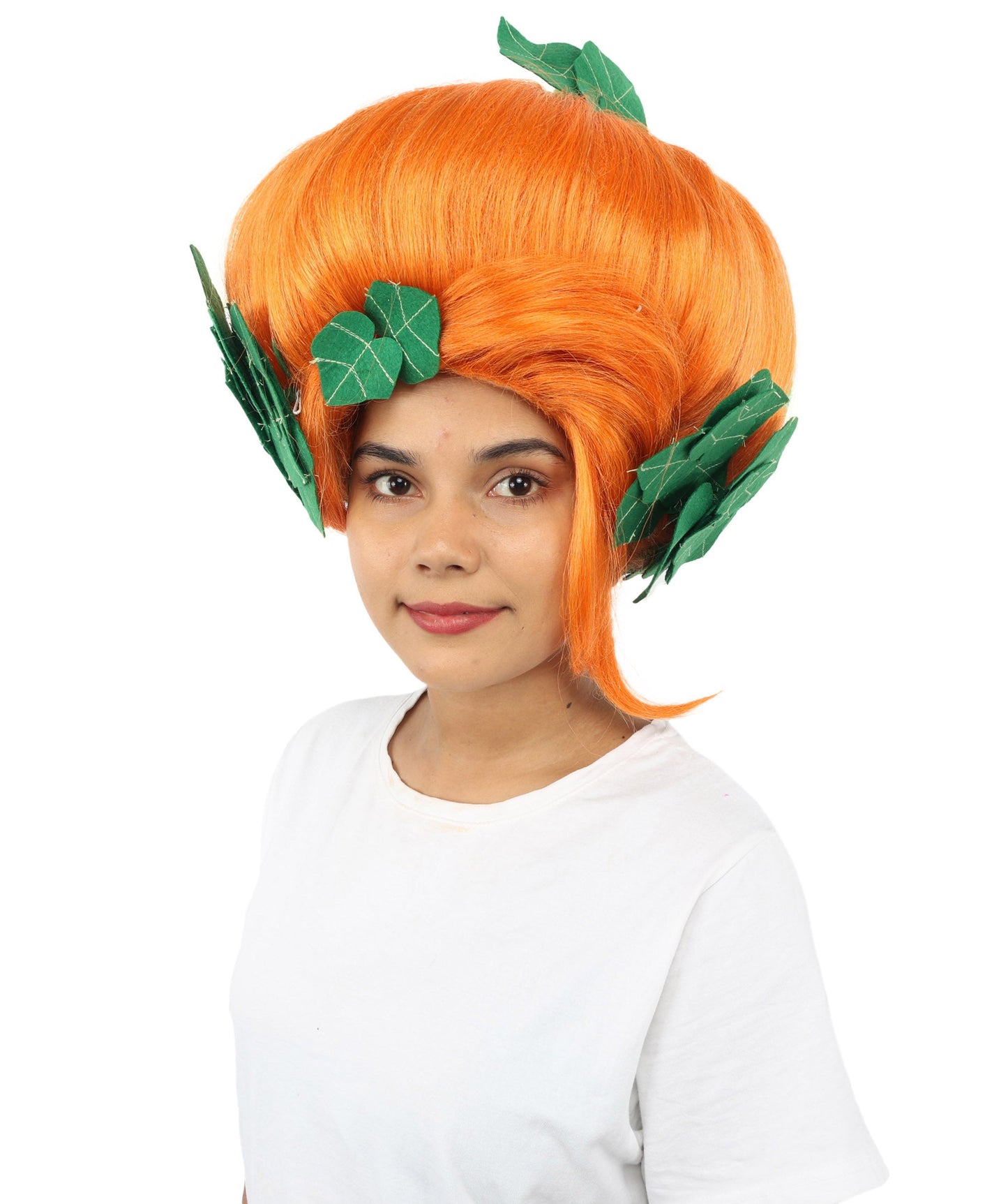 HPO Adult Women's Sculpted Pumpkin Show Wig | Multiple Color Options | Create of synthetic fiber, massive spherical updo with green leaf accents, breathable base | Halloween, theater, drag, performance, party, costume events