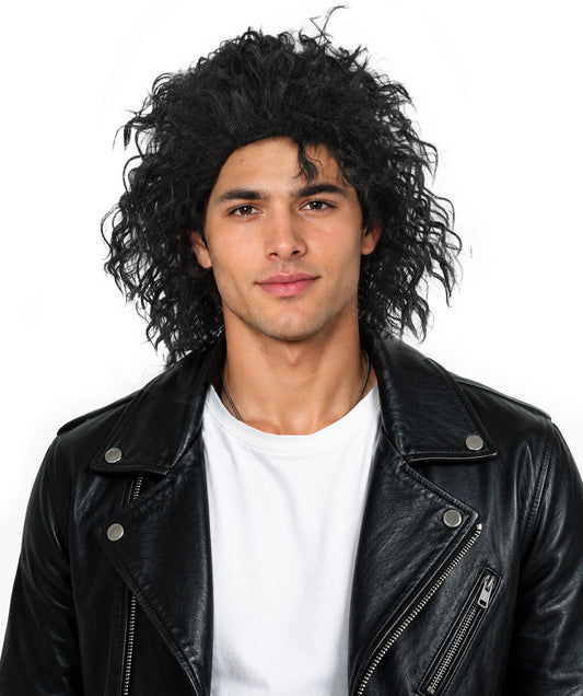 Men's Black Pop Star Curly Wig–Short Hair with Natural Texture | Designed for Cosplay,Stage Performances,Theme Parties, Photo Shoots & Retro Character Looks