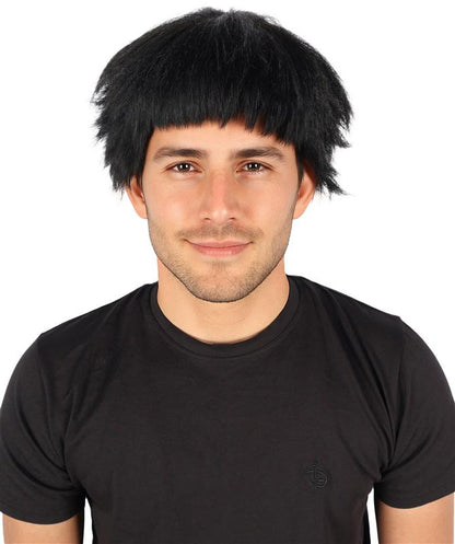 HPO Men's Short Black Wig Inspired by Animated Characters | Layered Synthetic Cosplay Hairpiece with Bangs | Halloween, Stage, Roleplay