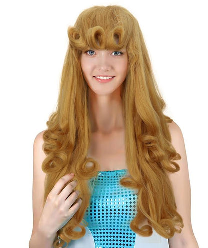 HPO Princess Golden Long Curly Wig | Radiant Fairytale Hairpiece with Voluminous Waves | Adjustable Breathable Cap for Cosplay, Halloween & Stage